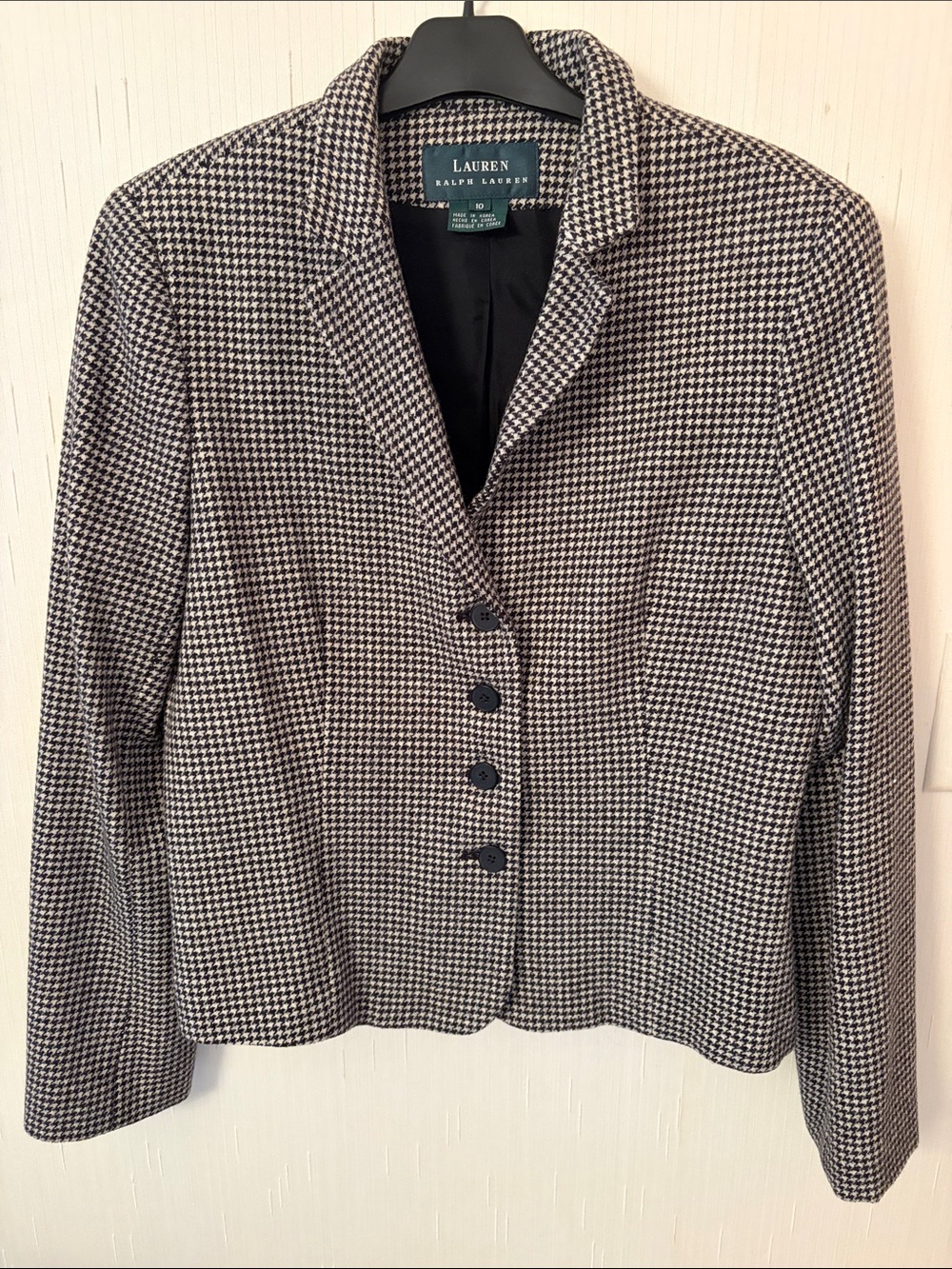 Lauren Ralph Lauren Black and White Houndstooth Tailored Blazer